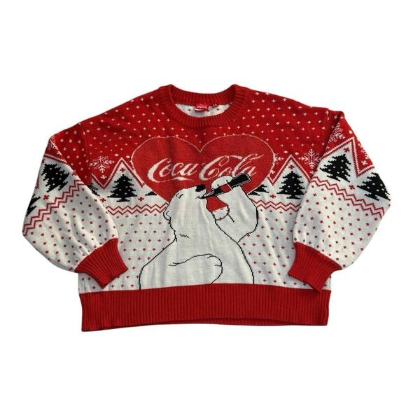 Vintage Coca-Cola Polar Bear “ugly” Christmas Sweater Red White Trees Holiday L - Picture 2 of 7